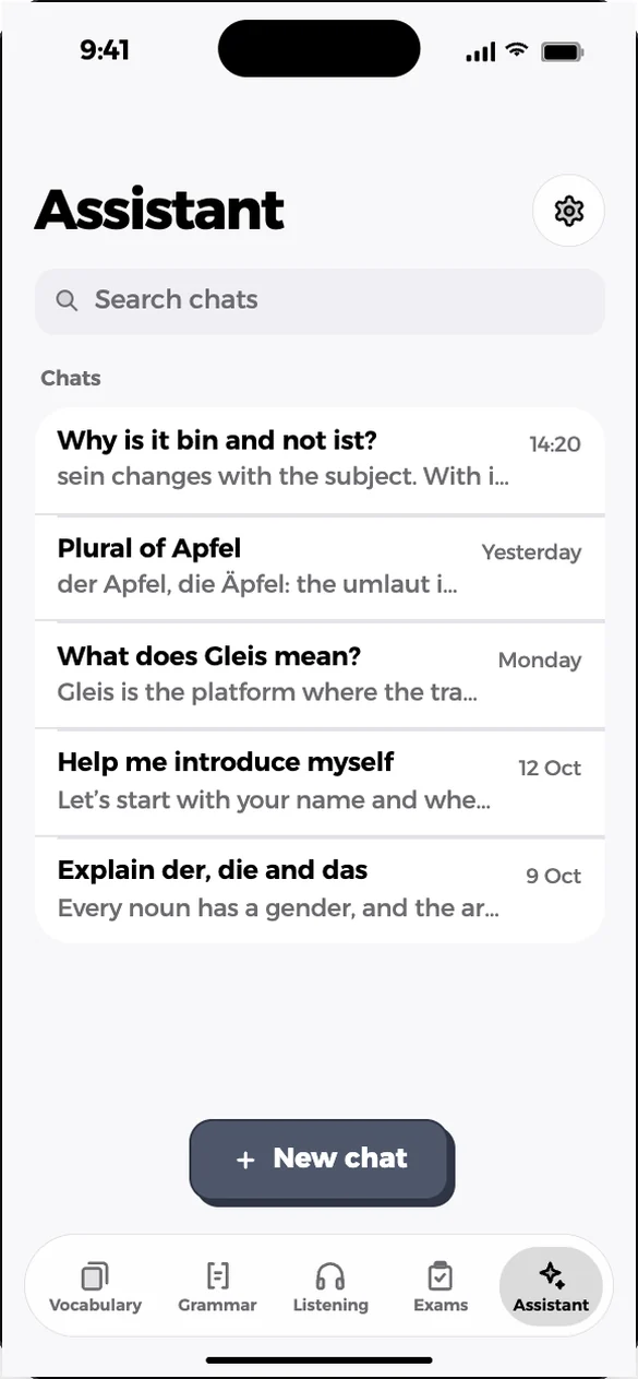 Die Liste der Gespräche mit dem Assistenten.