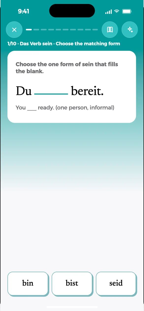 Eine Übung: die richtige Form von „sein“ wählen.