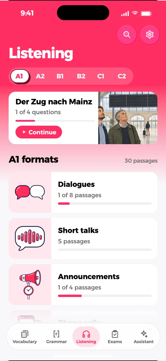 Die Hören-Startseite mit den A1-Formaten.